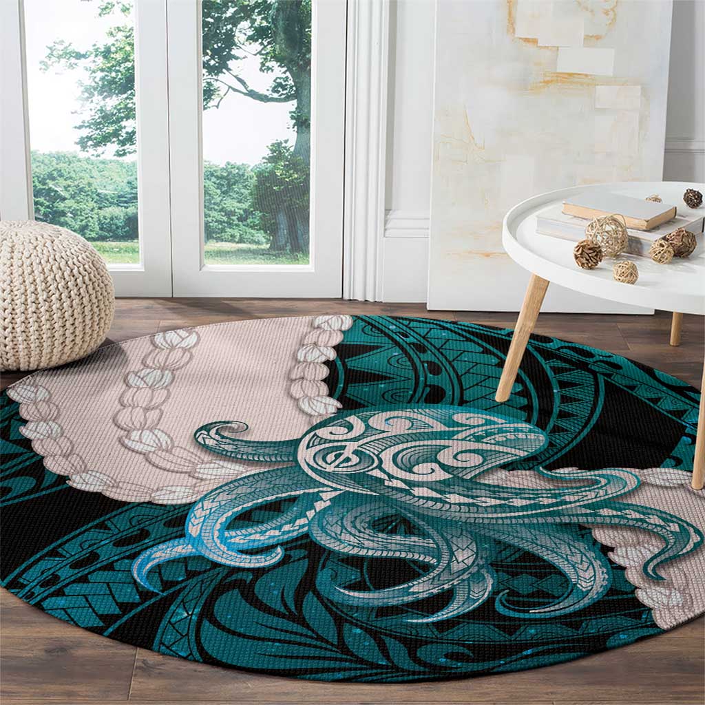 Teal Galaxy Polynesia Tribal Octopus Tattoo Round Carpet Pikake Lei Polynesian Pattern LT14 - Polynesian Pride