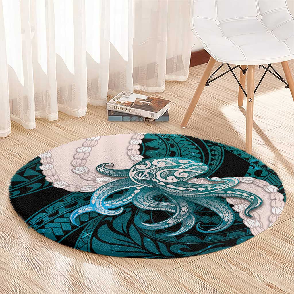 Teal Galaxy Polynesia Tribal Octopus Tattoo Round Carpet Pikake Lei Polynesian Pattern LT14 - Polynesian Pride
