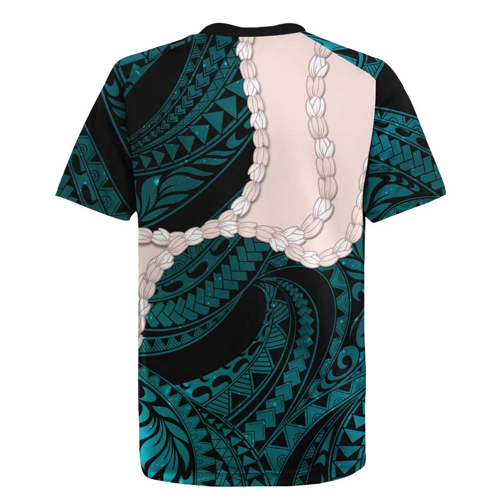 Teal Galaxy Polynesia Tribal Octopus Tattoo Rugby Jersey Pikake Lei Polynesian Pattern