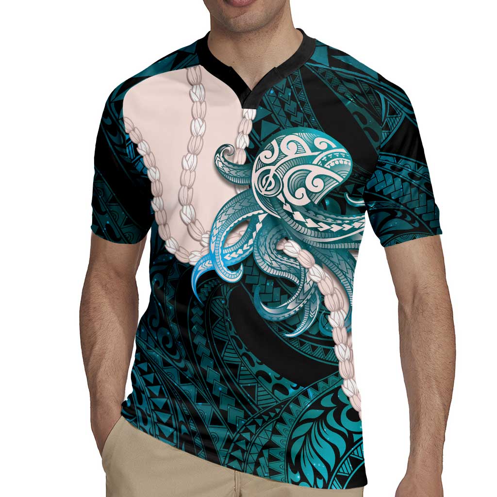 Teal Galaxy Polynesia Tribal Octopus Tattoo Rugby Jersey Pikake Lei Polynesian Pattern