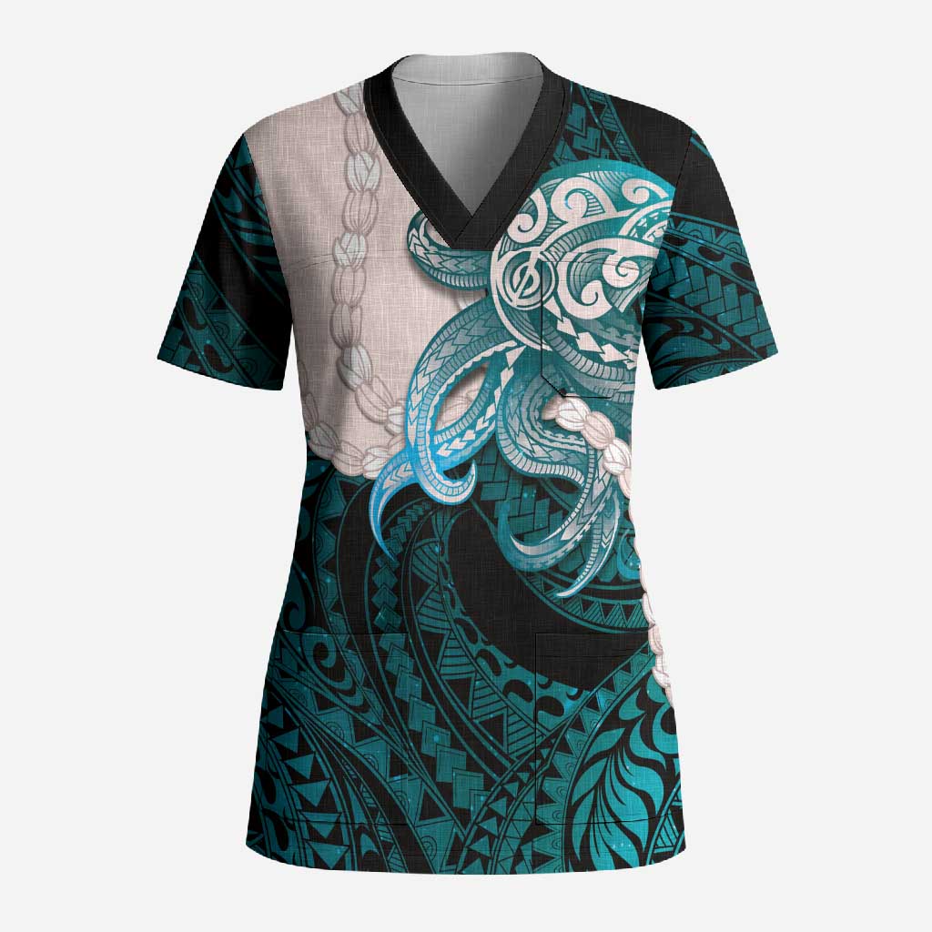 Teal Galaxy Polynesia Tribal Octopus Tattoo Scrub Top Pikake Lei Polynesian Pattern LT14 Adult Teal - Polynesian Pride