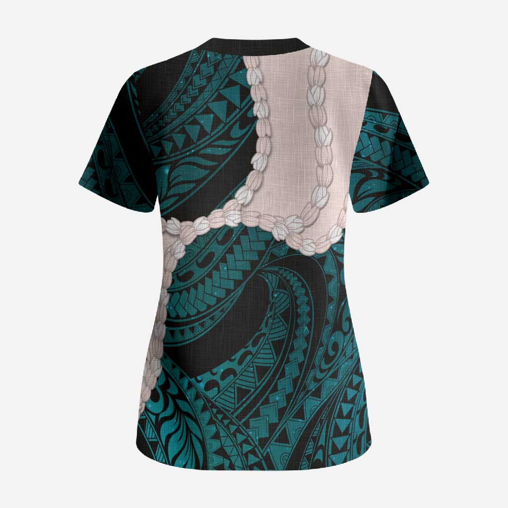 Teal Galaxy Polynesia Tribal Octopus Tattoo Scrub Top Pikake Lei Polynesian Pattern LT14 - Polynesian Pride