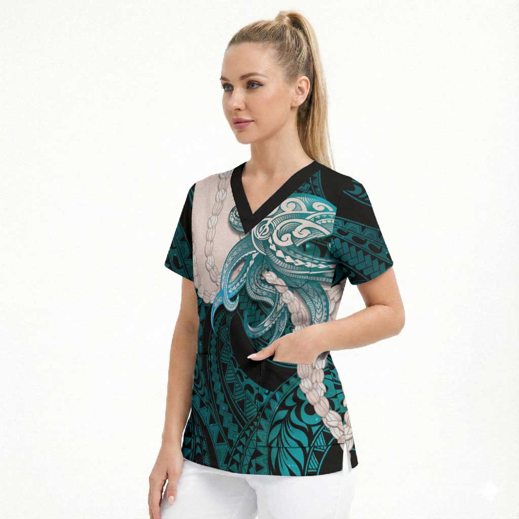 Teal Galaxy Polynesia Tribal Octopus Tattoo Scrub Top Pikake Lei Polynesian Pattern LT14 - Polynesian Pride
