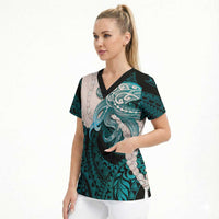 Teal Galaxy Polynesia Tribal Octopus Tattoo Scrub Top Pikake Lei Polynesian Pattern LT14 - Polynesian Pride