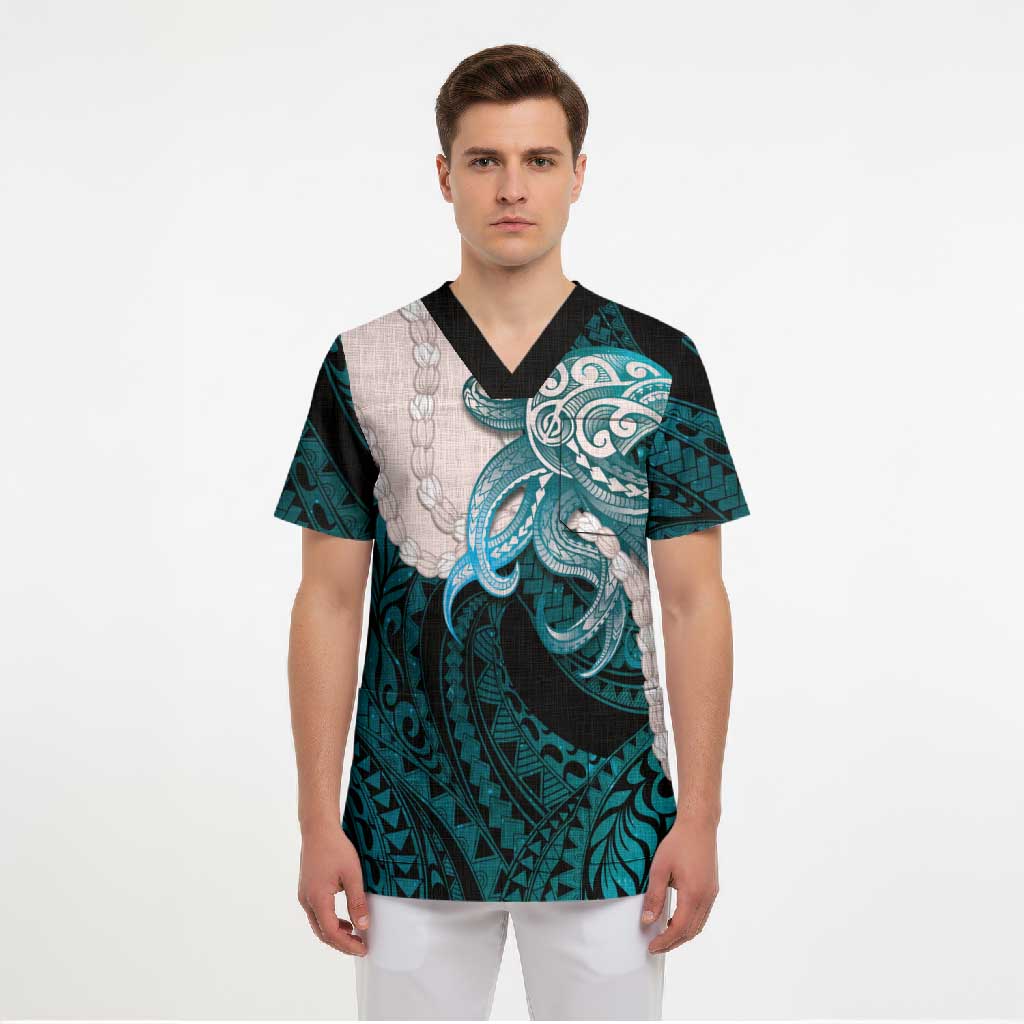 Teal Galaxy Polynesia Tribal Octopus Tattoo Scrub Top Pikake Lei Polynesian Pattern LT14 - Polynesian Pride