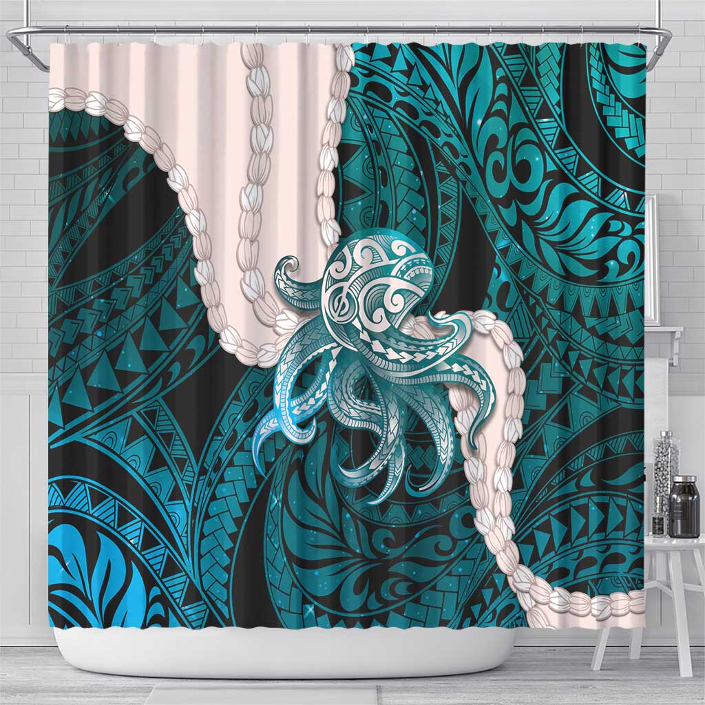 Teal Galaxy Polynesia Tribal Octopus Tattoo Shower Curtain Pikake Lei Polynesian Pattern LT14 - Polynesian Pride