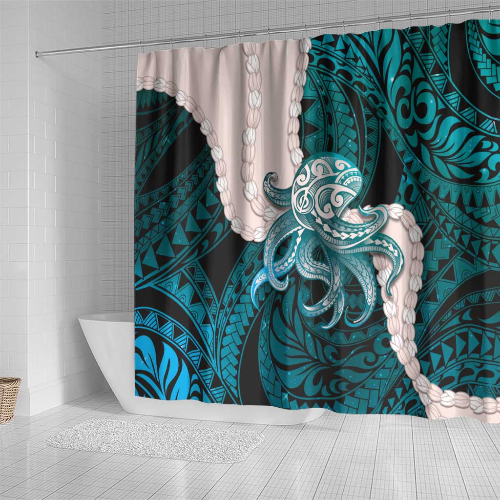 Teal Galaxy Polynesia Tribal Octopus Tattoo Shower Curtain Pikake Lei Polynesian Pattern LT14 - Polynesian Pride