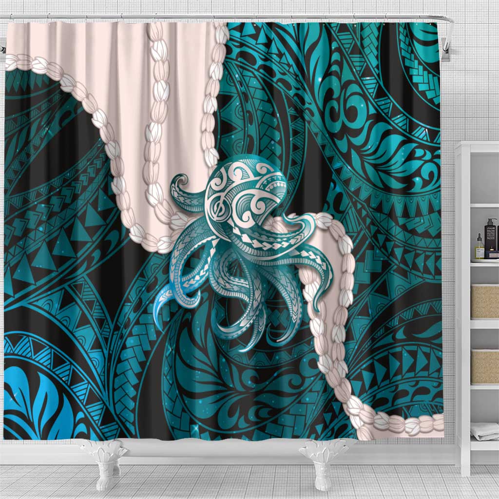 Teal Galaxy Polynesia Tribal Octopus Tattoo Shower Curtain Pikake Lei Polynesian Pattern LT14 - Polynesian Pride