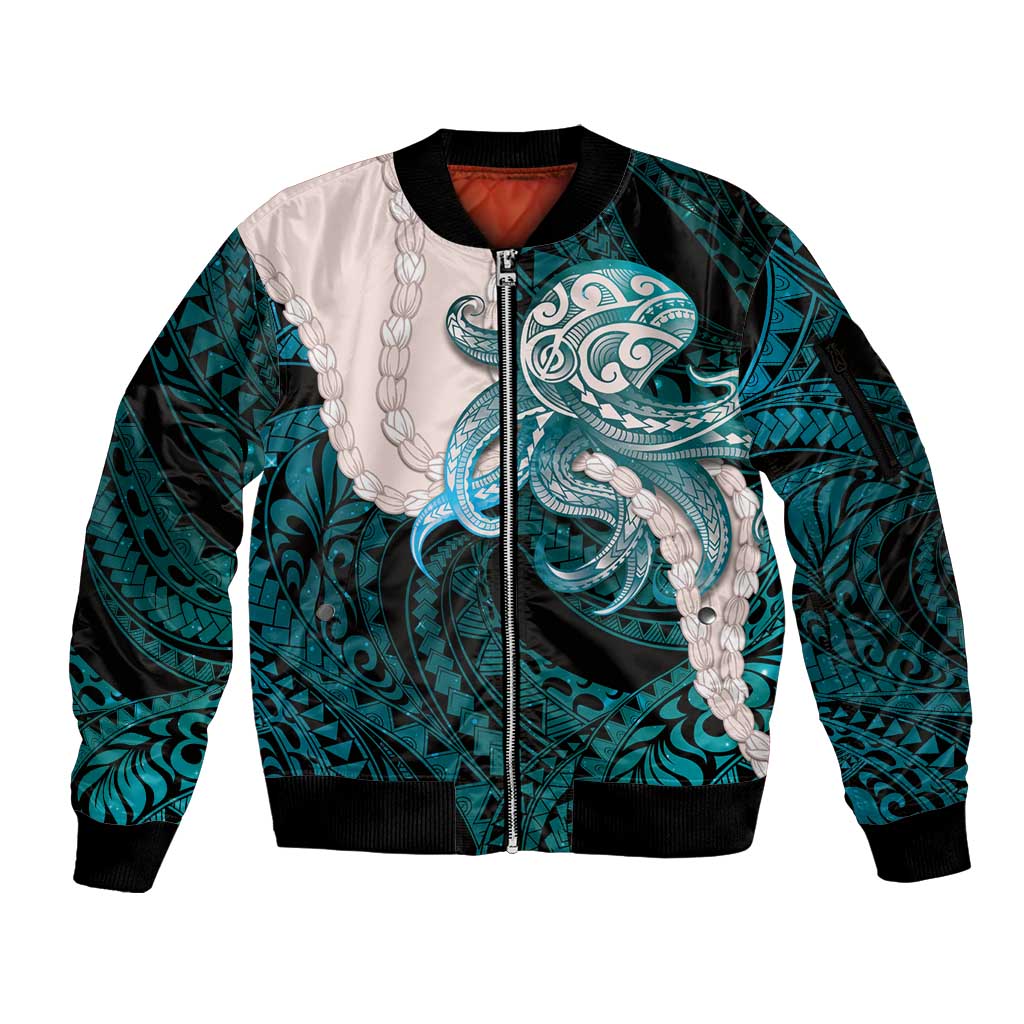 Teal Galaxy Polynesia Tribal Octopus Tattoo Sleeve Zip Bomber Jacket Pikake Lei Polynesian Pattern LT14 Unisex Teal - Polynesian Pride