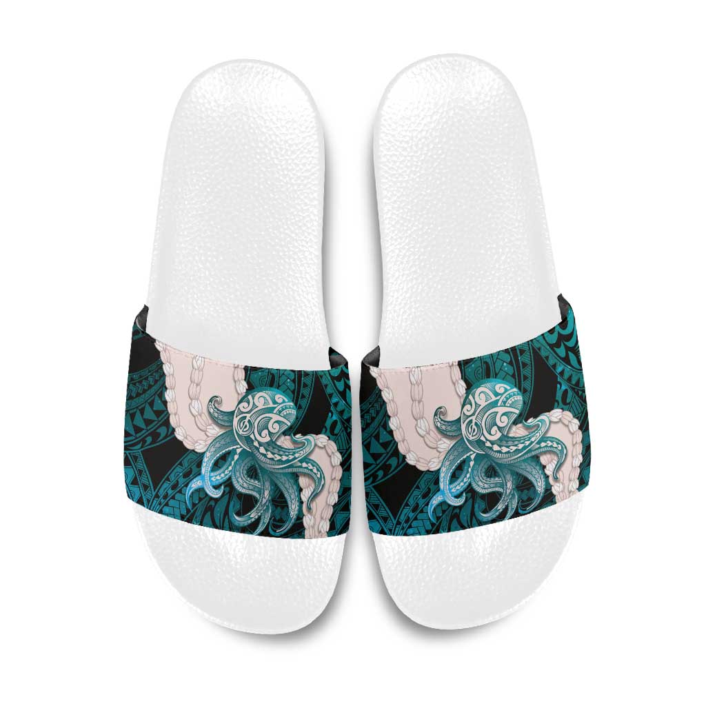 Teal Galaxy Polynesia Tribal Octopus Tattoo Slide Sandals Pikake Lei Polynesian Pattern LT14 Teal - Polynesian Pride