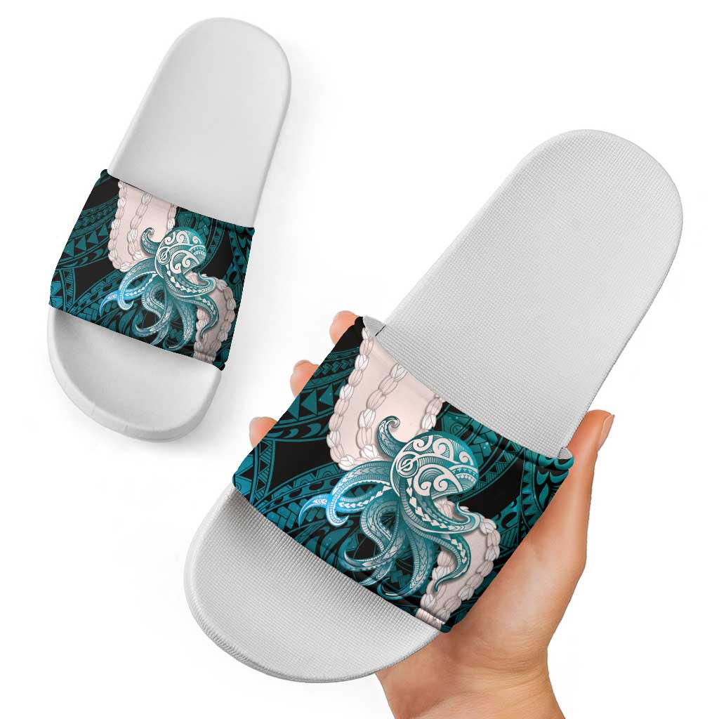 Teal Galaxy Polynesia Tribal Octopus Tattoo Slide Sandals Pikake Lei Polynesian Pattern LT14 - Polynesian Pride