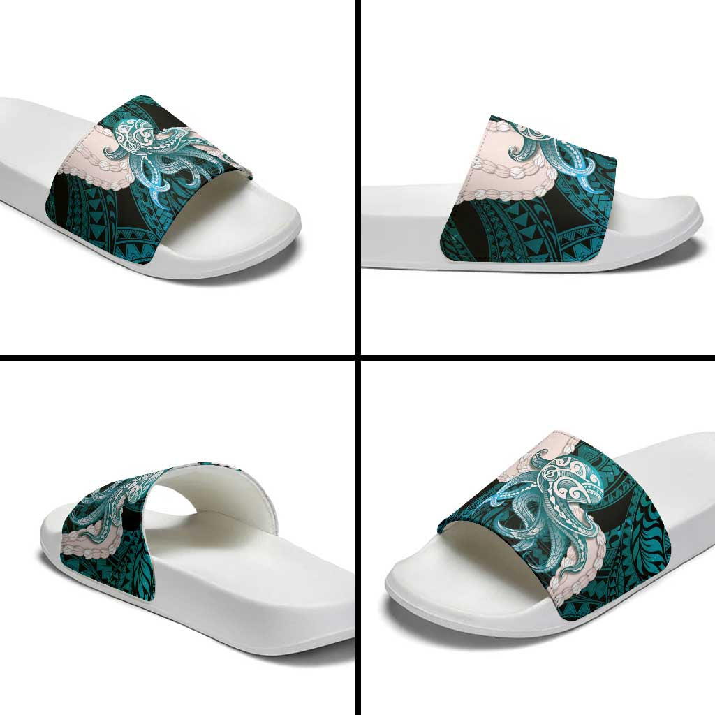 Teal Galaxy Polynesia Tribal Octopus Tattoo Slide Sandals Pikake Lei Polynesian Pattern LT14 - Polynesian Pride