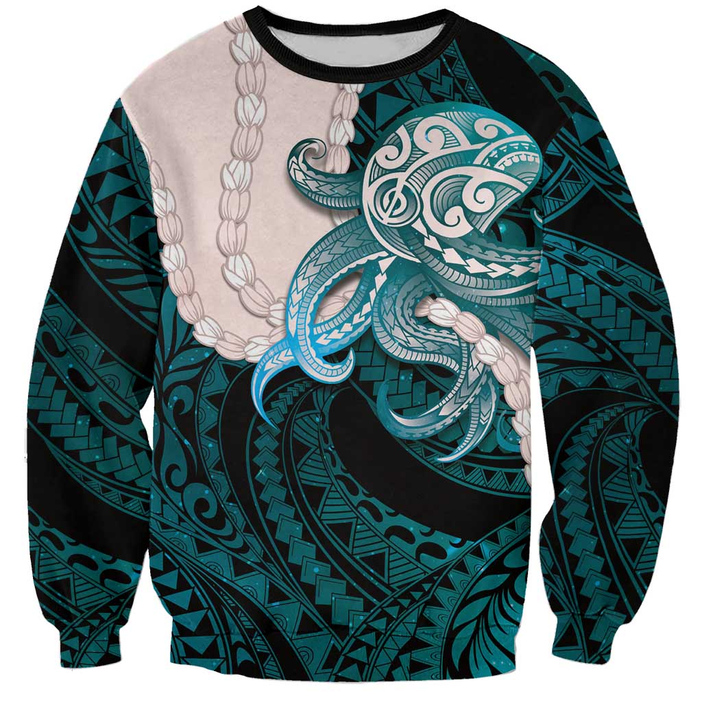 Teal Galaxy Polynesia Tribal Octopus Tattoo Sweatshirt Pikake Lei Polynesian Pattern LT14 Unisex Teal - Polynesian Pride