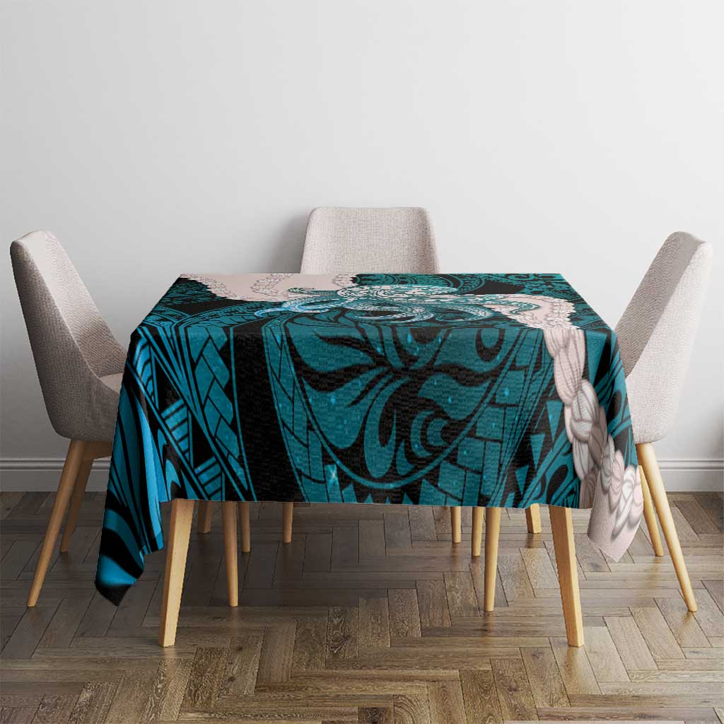 Teal Galaxy Polynesia Tribal Octopus Tattoo Tablecloth Pikake Lei Polynesian Pattern
