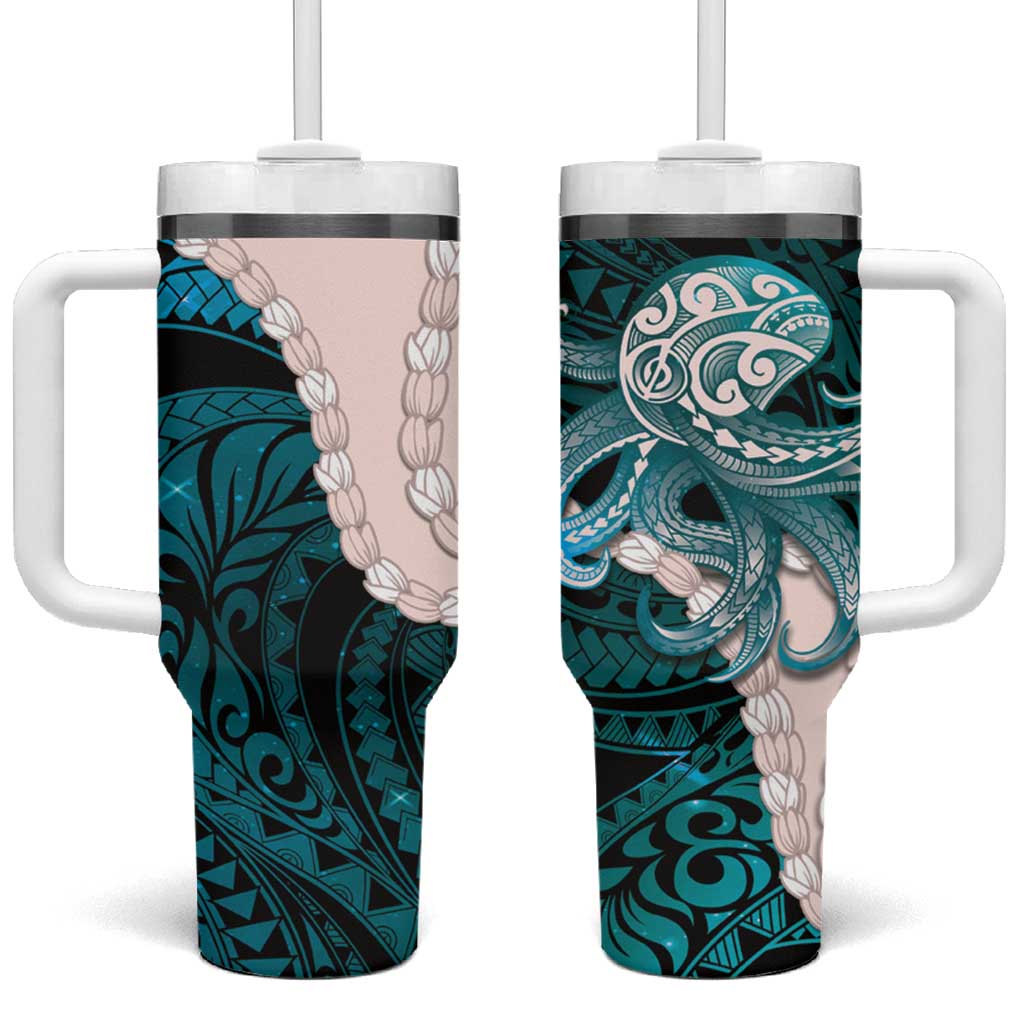 Teal Galaxy Polynesia Tribal Octopus Tattoo Tumbler With Handle Pikake Lei Polynesian Pattern LT14 One Size: 40 oz Teal - Polynesian Pride