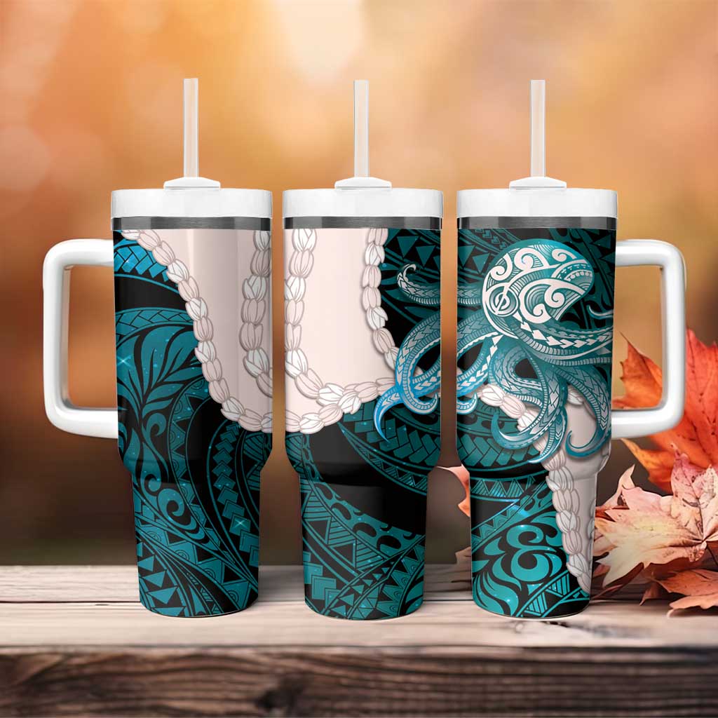 Teal Galaxy Polynesia Tribal Octopus Tattoo Tumbler With Handle Pikake Lei Polynesian Pattern LT14 - Polynesian Pride