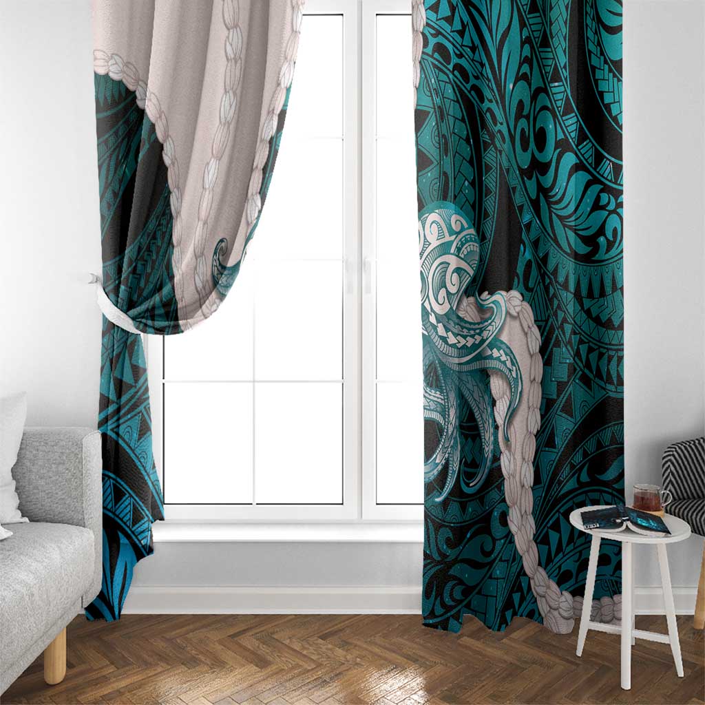 Teal Galaxy Polynesia Tribal Octopus Tattoo Window Curtain Pikake Lei Polynesian Pattern LT14 - Polynesian Pride