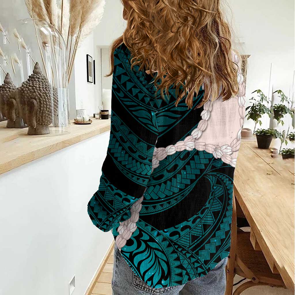Teal Galaxy Polynesia Tribal Octopus Tattoo Women Casual Shirt Pikake Lei Polynesian Pattern LT14 - Polynesian Pride