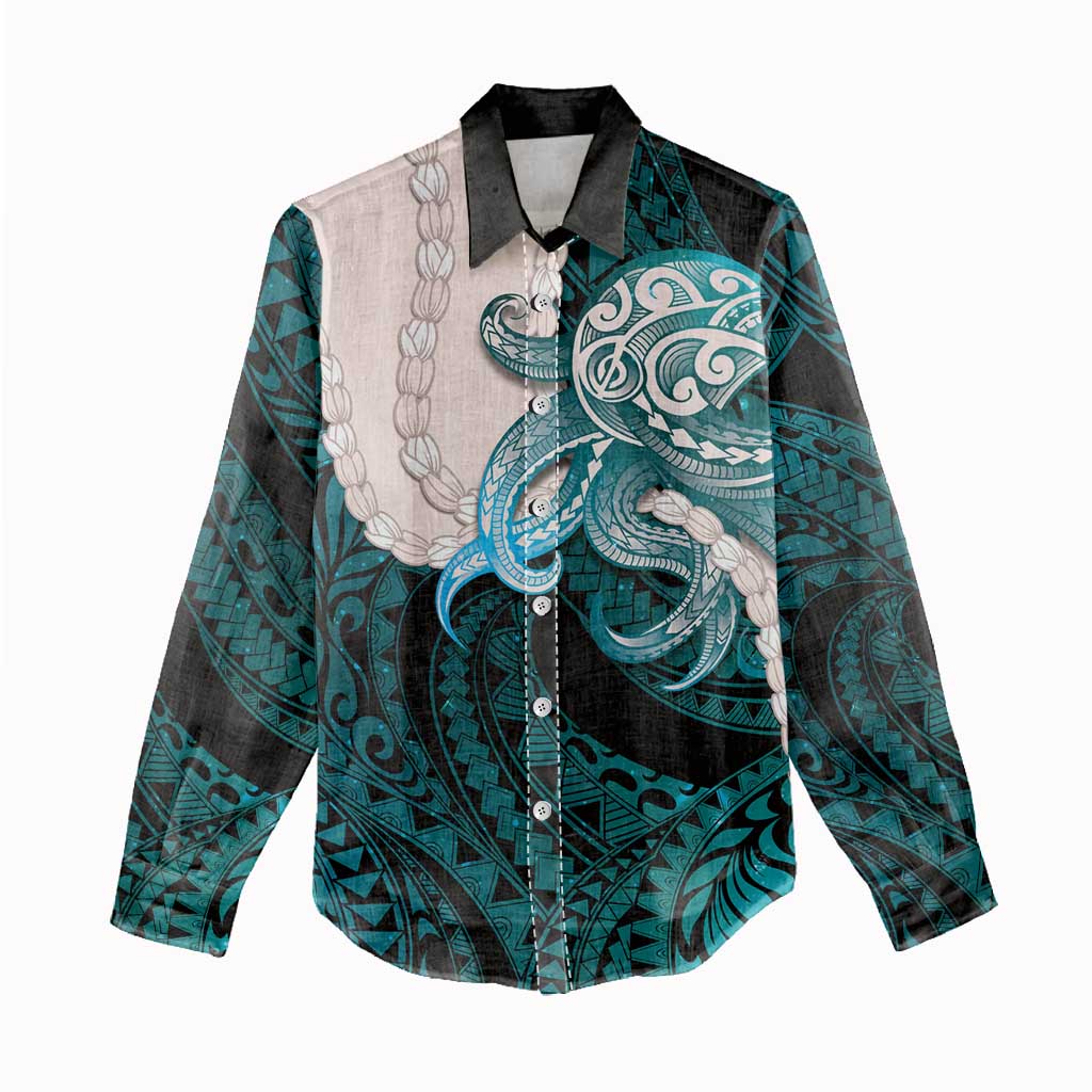 Teal Galaxy Polynesia Tribal Octopus Tattoo Women Casual Shirt Pikake Lei Polynesian Pattern LT14 - Polynesian Pride