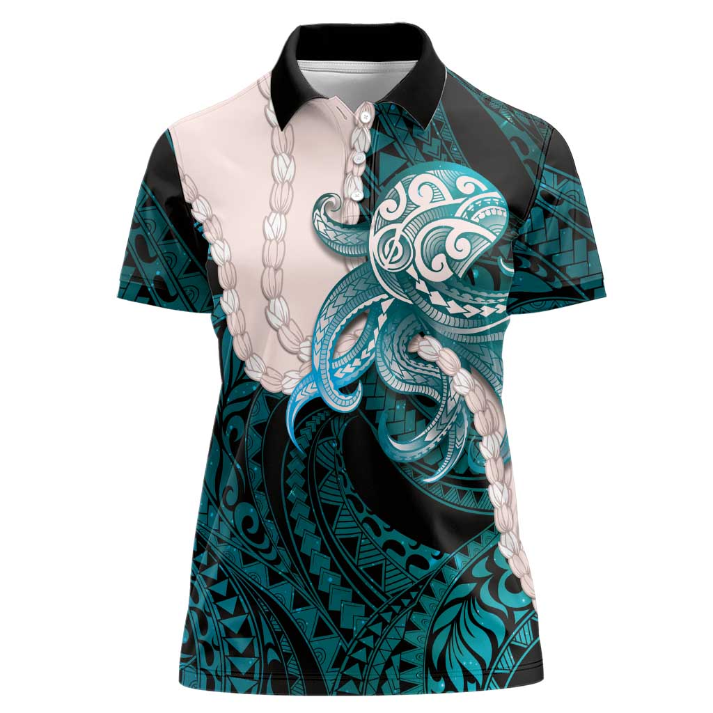 Teal Galaxy Polynesia Tribal Octopus Tattoo Women Polo Shirt Pikake Lei Polynesian Pattern LT14 Female Teal - Polynesian Pride
