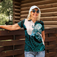 Teal Galaxy Polynesia Tribal Octopus Tattoo Women Polo Shirt Pikake Lei Polynesian Pattern LT14 - Polynesian Pride