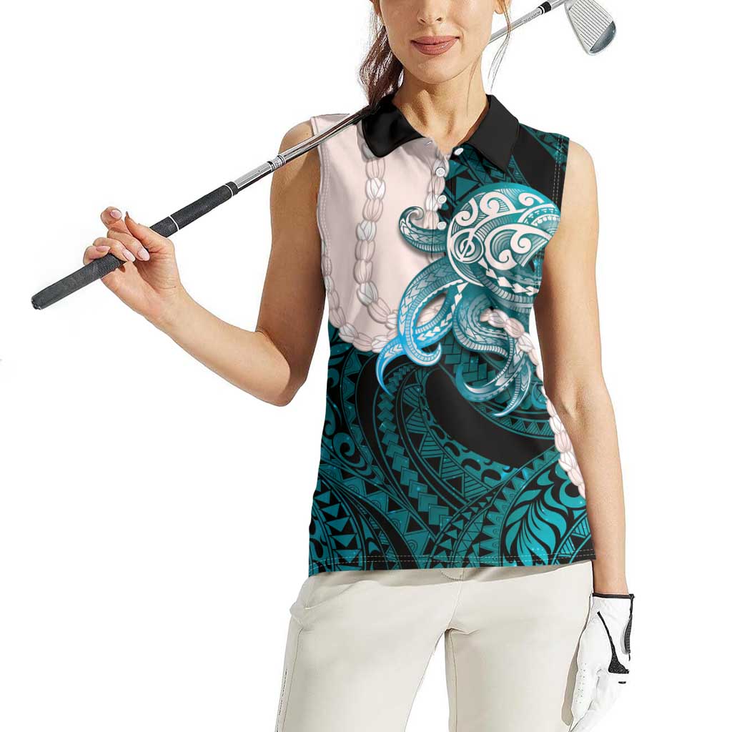 Teal Galaxy Polynesia Tribal Octopus Tattoo Women Sleeveless Polo Shirt Pikake Lei Polynesian Pattern LT14 - Polynesian Pride