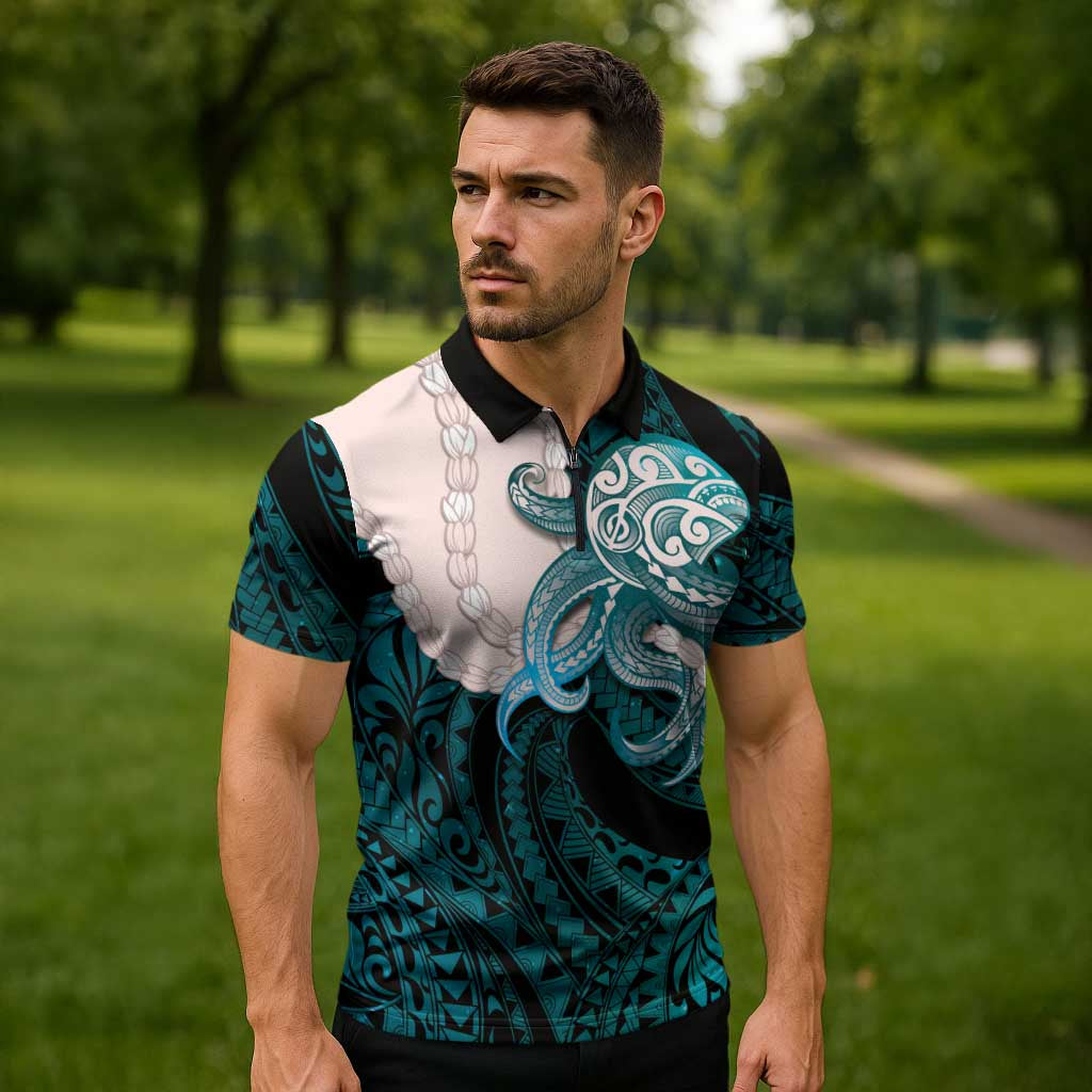 Teal Galaxy Polynesia Tribal Octopus Tattoo Zipper Polo Shirt Pikake Lei Polynesian Pattern LT14 - Polynesian Pride