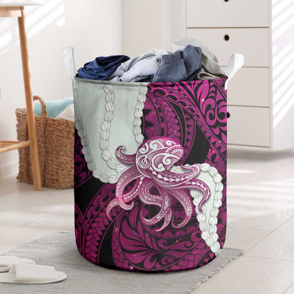 Pink Galaxy Polynesia Tribal Octopus Tattoo Laundry Basket Pikake Lei Polynesian Pattern