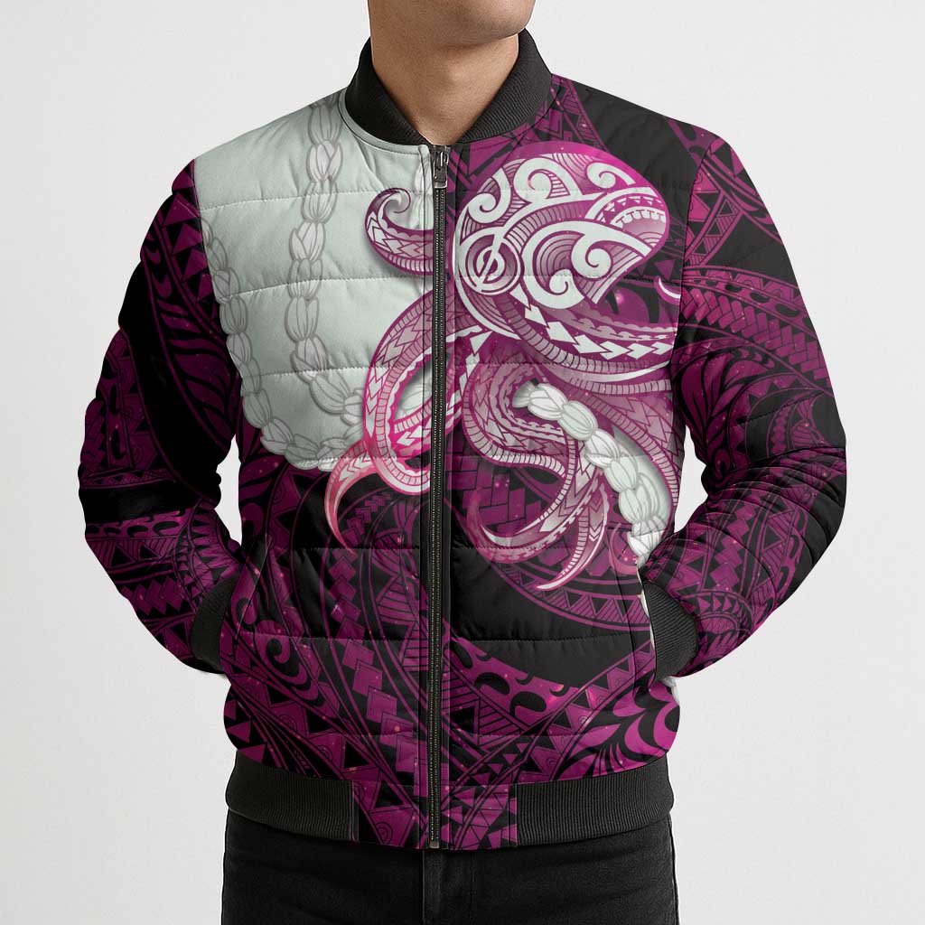 Pink Galaxy Polynesia Tribal Octopus Tattoo Bomber Puffer Jacket Pikake Lei Polynesian Pattern