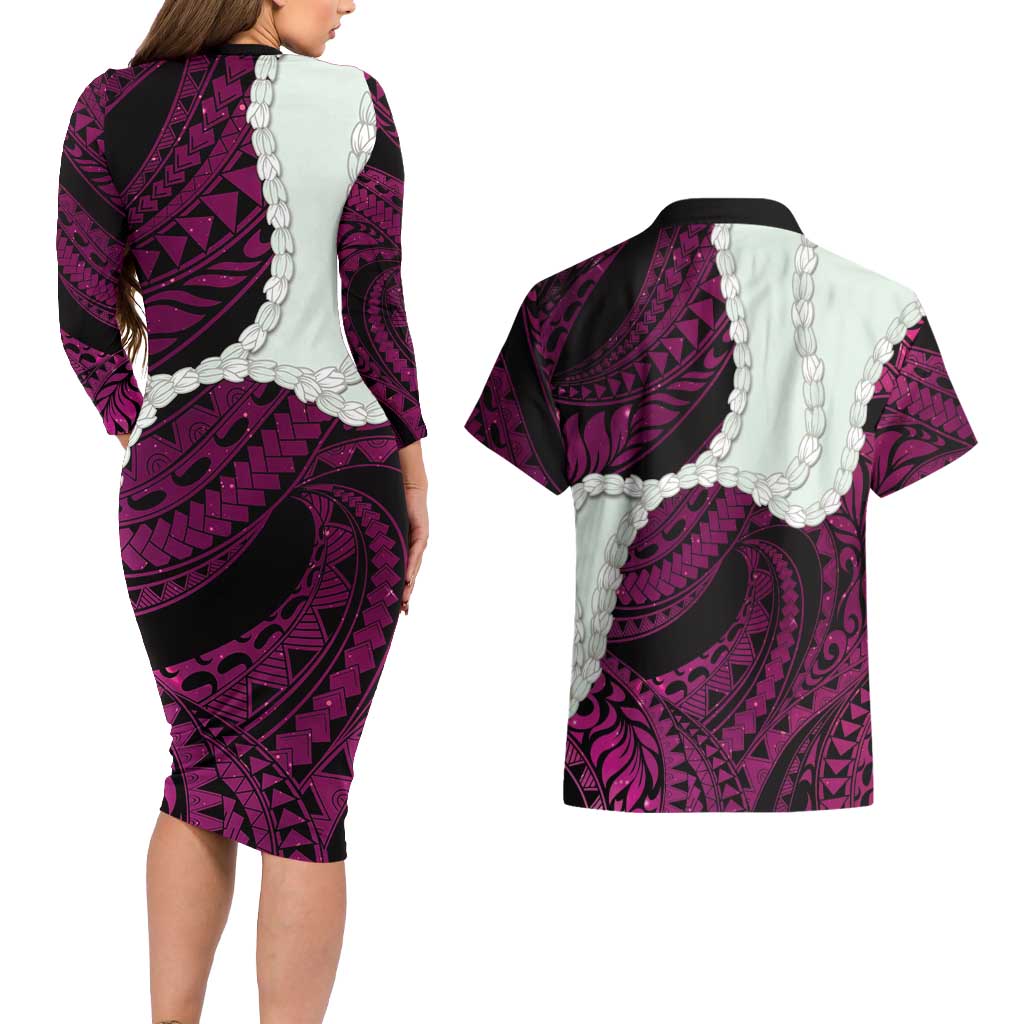 Pink Galaxy Polynesia Tribal Octopus Tattoo Couples Matching Long Sleeve Bodycon Dress and Hawaiian Shirt Pikake Lei Polynesian Pattern LT14 - Polynesian Pride