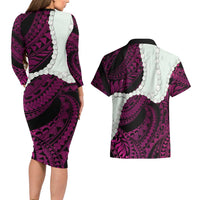 Pink Galaxy Polynesia Tribal Octopus Tattoo Couples Matching Long Sleeve Bodycon Dress and Hawaiian Shirt Pikake Lei Polynesian Pattern LT14 - Polynesian Pride