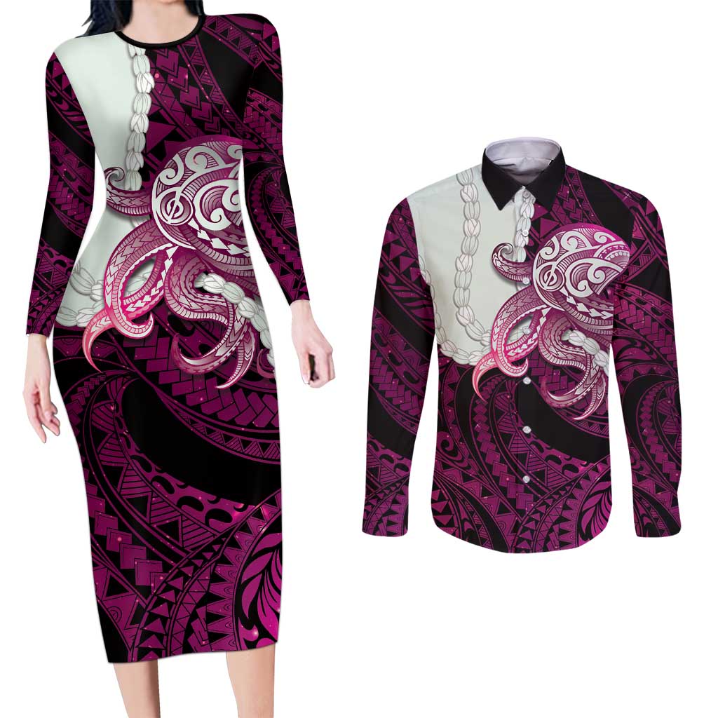 Pink Galaxy Polynesia Tribal Octopus Tattoo Couples Matching Long Sleeve Bodycon Dress and Long Sleeve Button Shirt Pikake Lei Polynesian Pattern LT14 Pink - Polynesian Pride