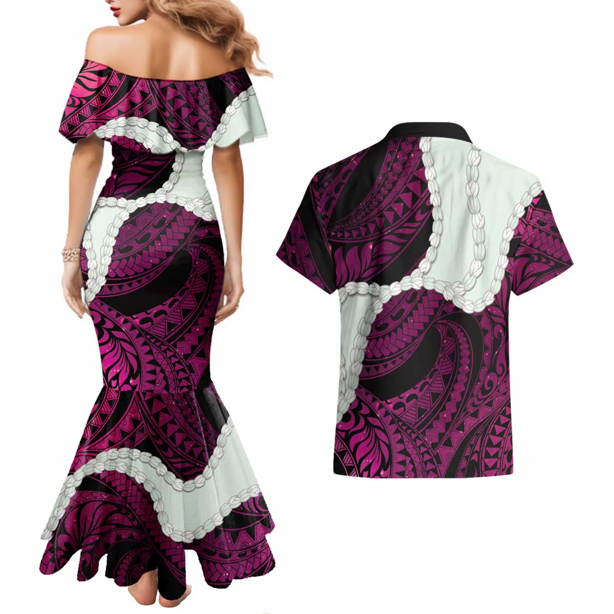 Pink Galaxy Polynesia Tribal Octopus Tattoo Couples Matching Mermaid Dress and Hawaiian Shirt Pikake Lei Polynesian Pattern LT14 - Polynesian Pride