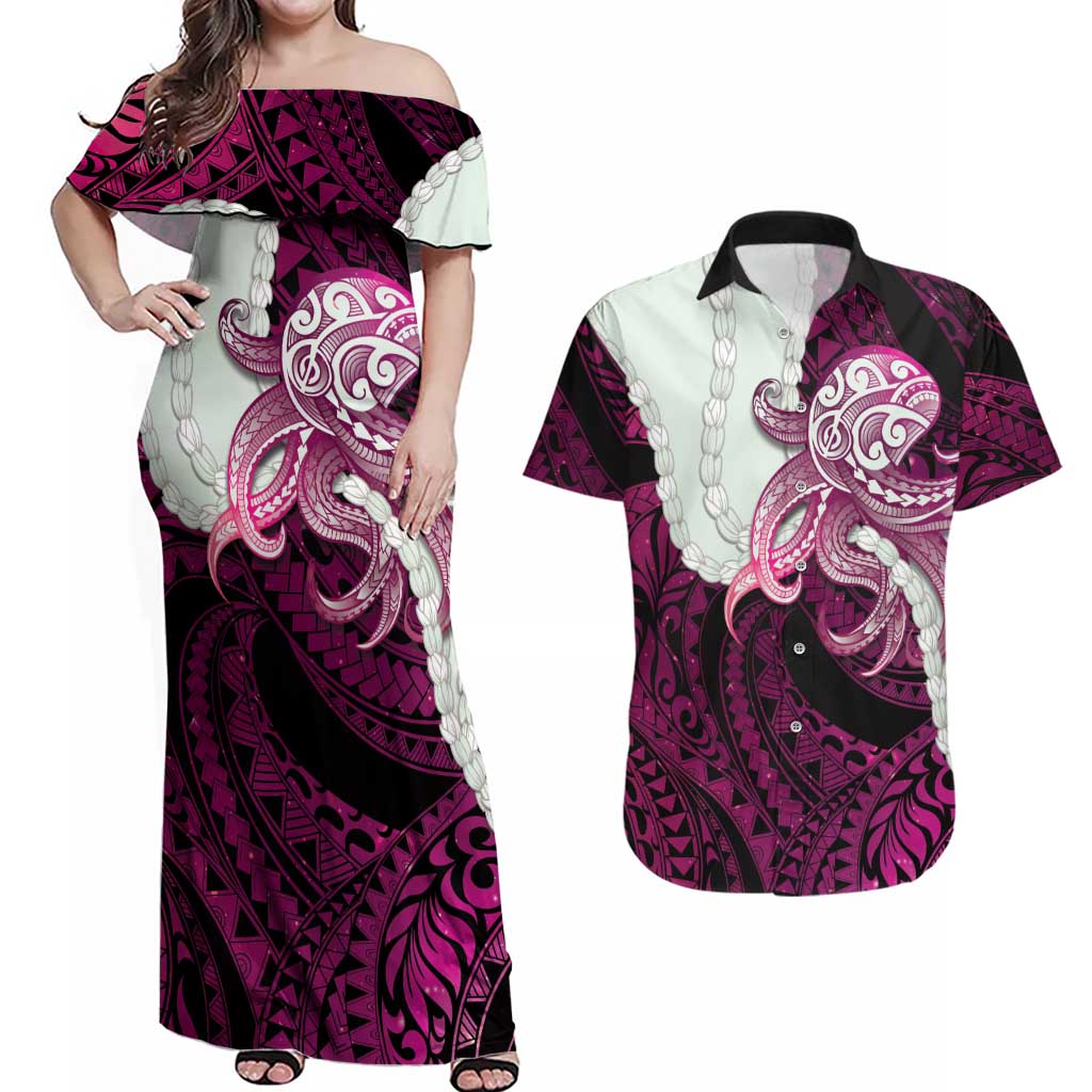 Pink Galaxy Polynesia Tribal Octopus Tattoo Couples Matching Off Shoulder Maxi Dress and Hawaiian Shirt Pikake Lei Polynesian Pattern LT14 Pink - Polynesian Pride