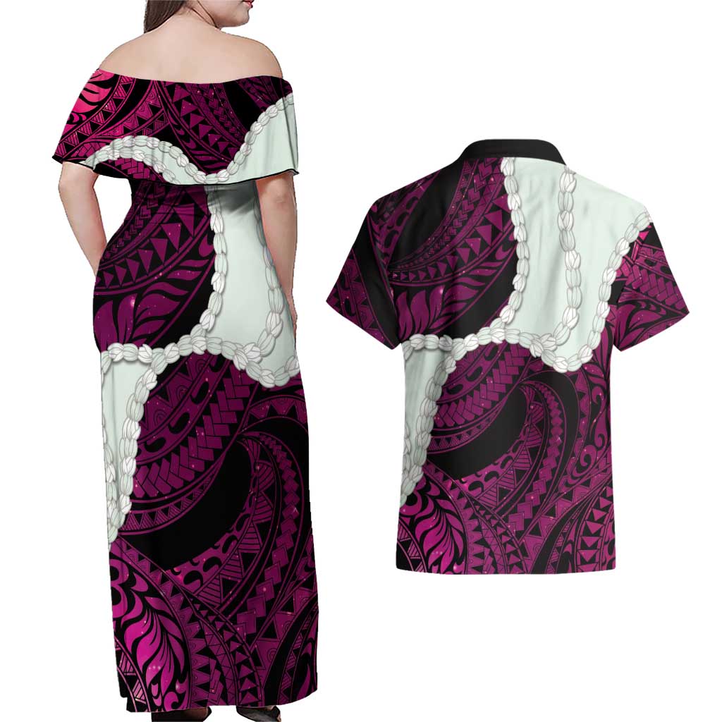 Pink Galaxy Polynesia Tribal Octopus Tattoo Couples Matching Off Shoulder Maxi Dress and Hawaiian Shirt Pikake Lei Polynesian Pattern LT14 - Polynesian Pride