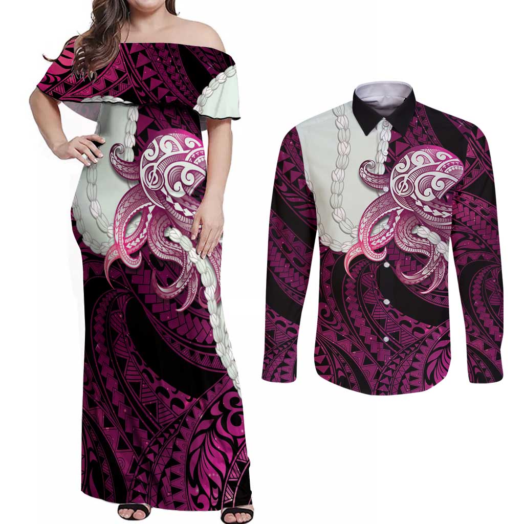 Pink Galaxy Polynesia Tribal Octopus Tattoo Couples Matching Off Shoulder Maxi Dress and Long Sleeve Button Shirt Pikake Lei Polynesian Pattern LT14 Pink - Polynesian Pride