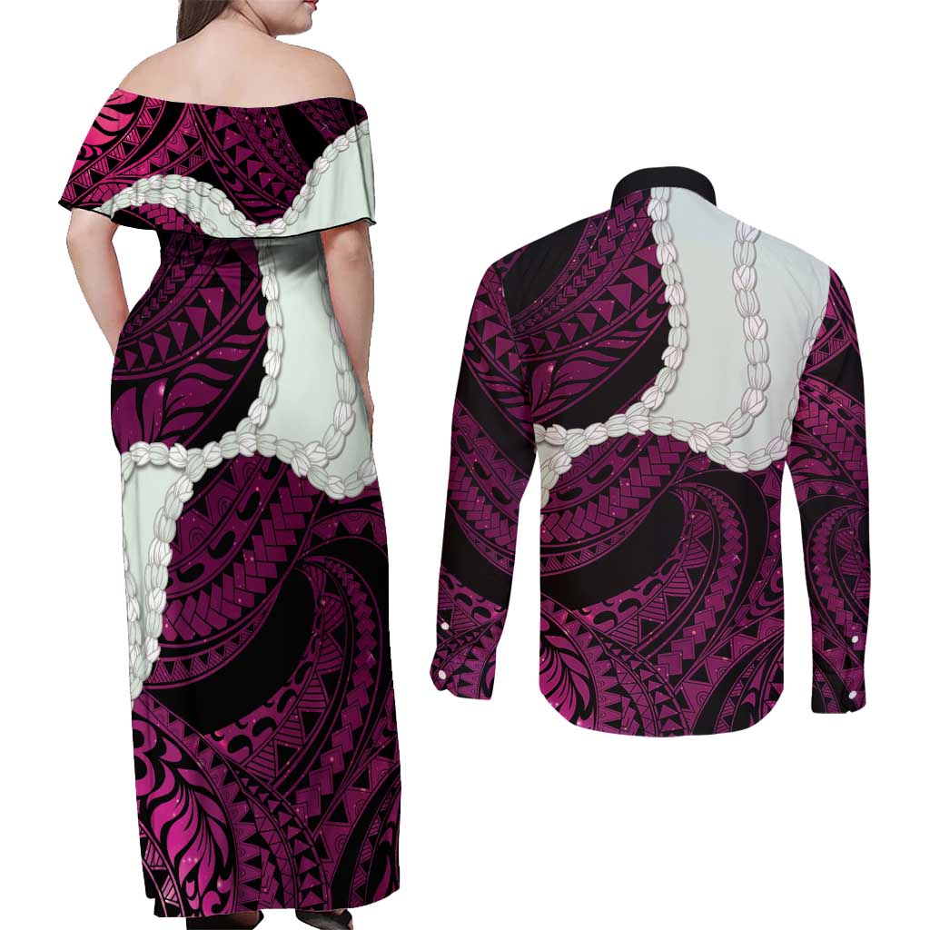 Pink Galaxy Polynesia Tribal Octopus Tattoo Couples Matching Off Shoulder Maxi Dress and Long Sleeve Button Shirt Pikake Lei Polynesian Pattern LT14 - Polynesian Pride