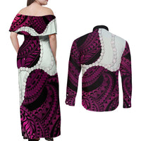 Pink Galaxy Polynesia Tribal Octopus Tattoo Couples Matching Off Shoulder Maxi Dress and Long Sleeve Button Shirt Pikake Lei Polynesian Pattern LT14 - Polynesian Pride