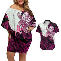 Pink Galaxy Polynesia Tribal Octopus Tattoo Couples Matching Off Shoulder Short Dress and Hawaiian Shirt Pikake Lei Polynesian Pattern LT14 Pink - Polynesian Pride