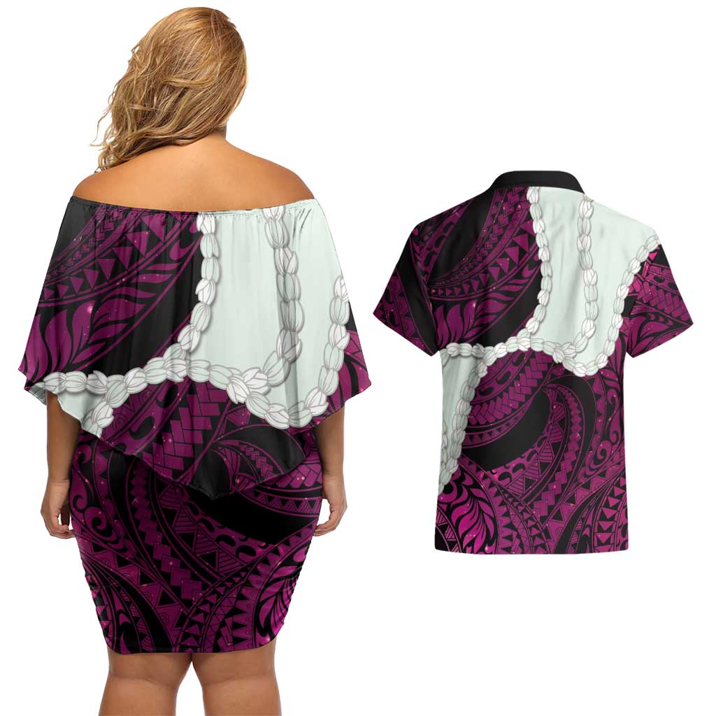 Pink Galaxy Polynesia Tribal Octopus Tattoo Couples Matching Off Shoulder Short Dress and Hawaiian Shirt Pikake Lei Polynesian Pattern LT14 - Polynesian Pride