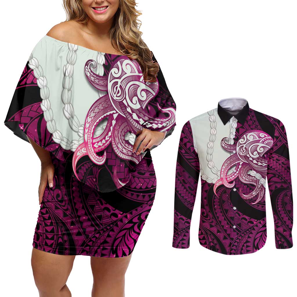 Pink Galaxy Polynesia Tribal Octopus Tattoo Couples Matching Off Shoulder Short Dress and Long Sleeve Button Shirt Pikake Lei Polynesian Pattern LT14 Pink - Polynesian Pride