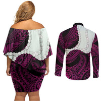 Pink Galaxy Polynesia Tribal Octopus Tattoo Couples Matching Off Shoulder Short Dress and Long Sleeve Button Shirt Pikake Lei Polynesian Pattern LT14 - Polynesian Pride