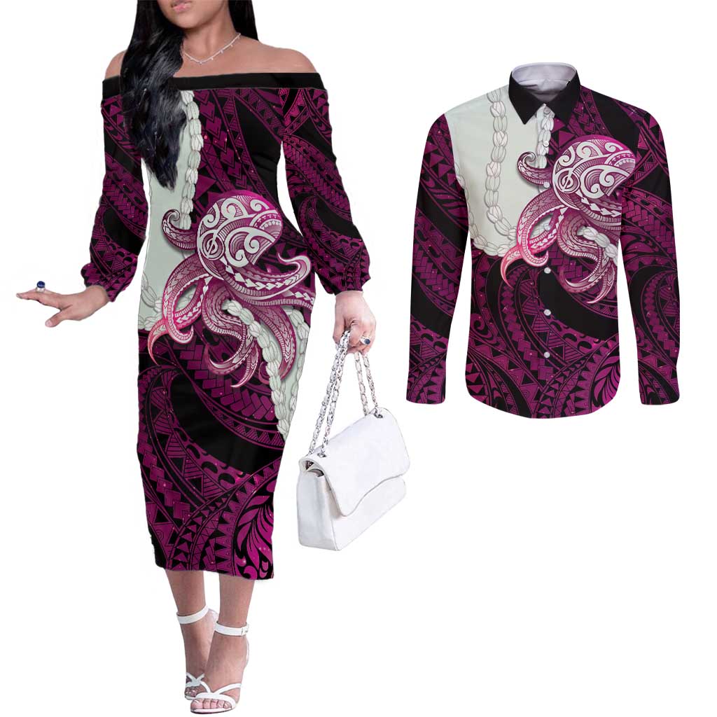 Pink Galaxy Polynesia Tribal Octopus Tattoo Couples Matching Off The Shoulder Long Sleeve Dress and Long Sleeve Button Shirt Pikake Lei Polynesian Pattern LT14 Pink - Polynesian Pride