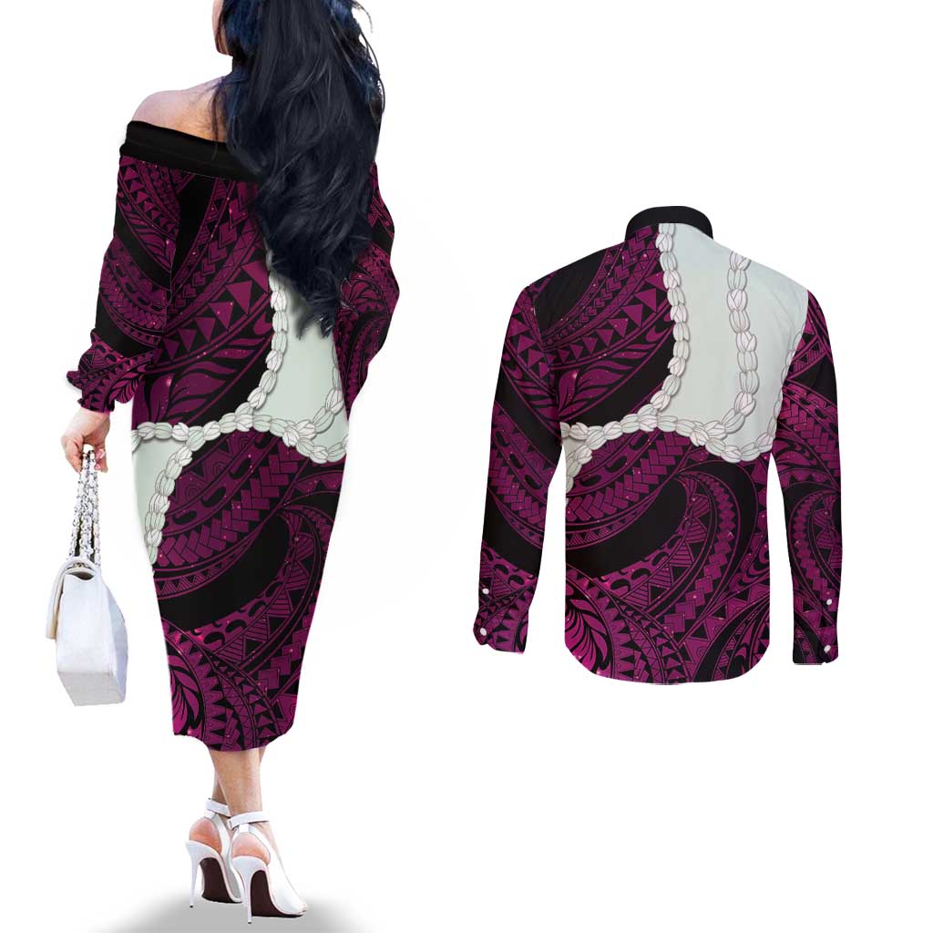 Pink Galaxy Polynesia Tribal Octopus Tattoo Couples Matching Off The Shoulder Long Sleeve Dress and Long Sleeve Button Shirt Pikake Lei Polynesian Pattern