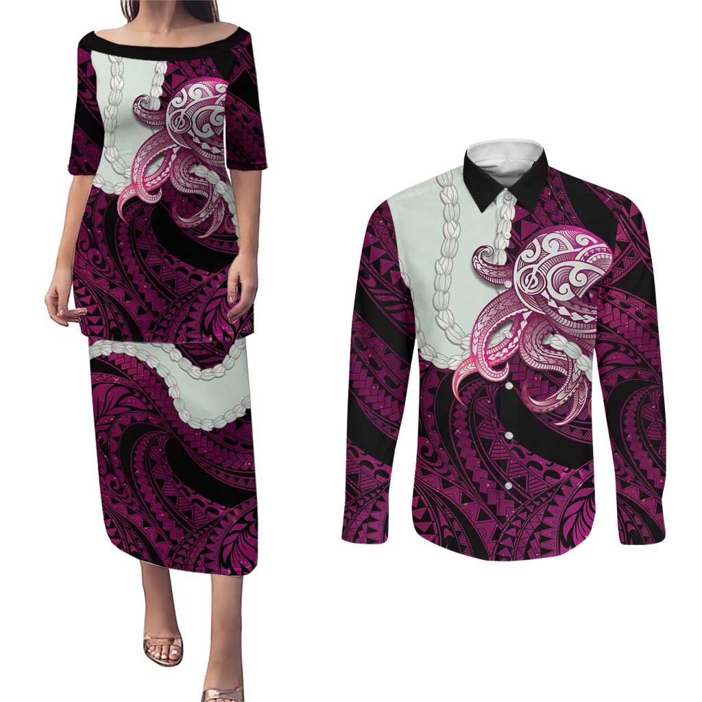 Pink Galaxy Polynesia Tribal Octopus Tattoo Couples Matching Puletasi and Long Sleeve Button Shirt Pikake Lei Polynesian Pattern LT14 Pink - Polynesian Pride