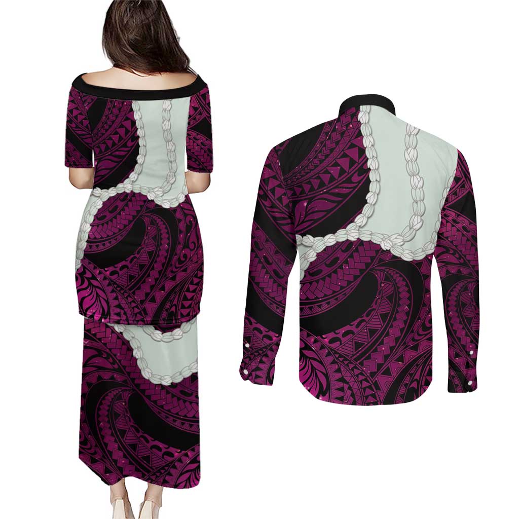 Pink Galaxy Polynesia Tribal Octopus Tattoo Couples Matching Puletasi and Long Sleeve Button Shirt Pikake Lei Polynesian Pattern LT14 - Polynesian Pride