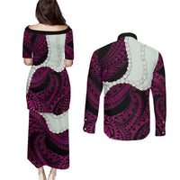 Pink Galaxy Polynesia Tribal Octopus Tattoo Couples Matching Puletasi and Long Sleeve Button Shirt Pikake Lei Polynesian Pattern LT14 - Polynesian Pride