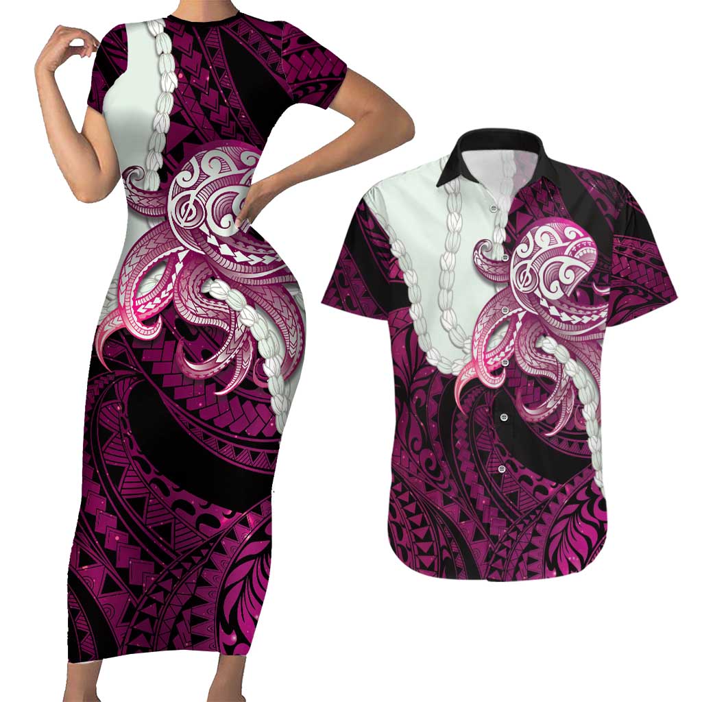 Pink Galaxy Polynesia Tribal Octopus Tattoo Couples Matching Short Sleeve Bodycon Dress and Hawaiian Shirt Pikake Lei Polynesian Pattern LT14 Pink - Polynesian Pride