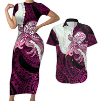 Pink Galaxy Polynesia Tribal Octopus Tattoo Couples Matching Short Sleeve Bodycon Dress and Hawaiian Shirt Pikake Lei Polynesian Pattern LT14 Pink - Polynesian Pride