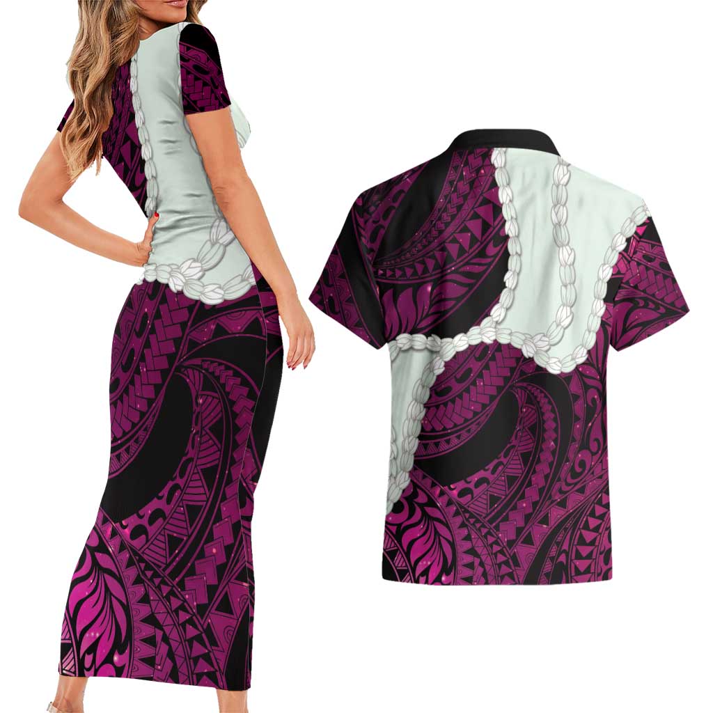 Pink Galaxy Polynesia Tribal Octopus Tattoo Couples Matching Short Sleeve Bodycon Dress and Hawaiian Shirt Pikake Lei Polynesian Pattern LT14 - Polynesian Pride